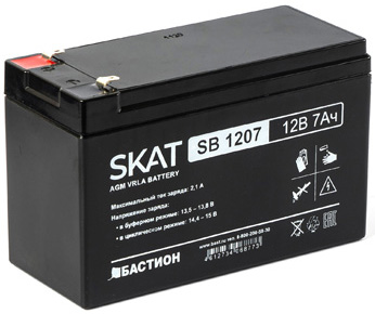 2533 SKAT SB 1207, 12В, 7Ач, максимальный ток заряда 2,1 А. Тип клеммы — F1 нож. Размер корпуса — 66х151х100. Вес — 2,1 кг. Срок службы — 6 лет. Гарантия - 18 месяцев. Бастион SKAT SB 1207