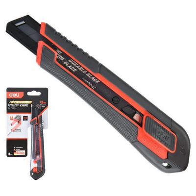 Технический нож Deli DL018G 18мм, полностью прорезиненный ударопрочный корпус, автоматическая блокировка