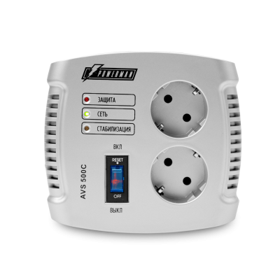 Стабилизатор POWERMAN AVS 500C, ступенчатый регулятор, 500ВА/280Вт, 150-280В, максимальный входной ток 4А, 2 евророзетки, IP-20, напольный,  151мм х 126мм х 123мм, 1.4 кг. POWERMAN AVS 500C (POWERMAN AVS 500 C)