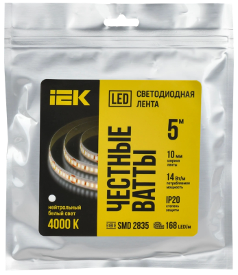 Лента светодиодная 5м SMD2835 168LED/м 14Вт/м IP20 ширина 10мм 24В нейтральный белый IEK