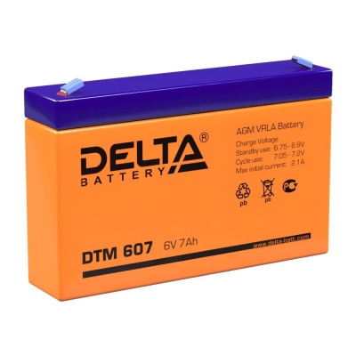 Батарея DELTA серия DTM, DTM 607, напряжение 6В, емкость 7Ач (разряд 20 часов),  макс. ток разряда (5 сек.) 105А, макс. ток заряда 2.04А, свинцово-кислотная типа AGM, клеммы F1, ДxШxВ 151х34х94мм., вес 1.2кг., срок службы 6 лет. Delta DTM 607 (6V / 7Ah)