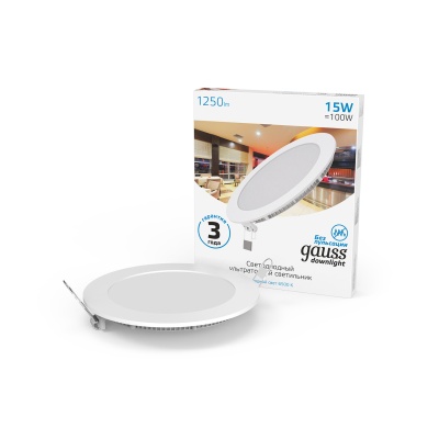 Светильник светодиодный встраиаемый LED ДВО 15 Вт 1250 Лм 6500К IP20 d170х22 мм монт d155 мм Slim Gauss Gauss 939111315
