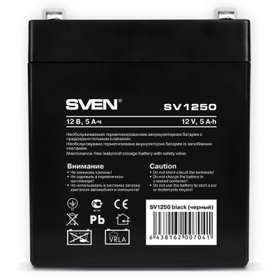 Батарея SVEN SV 1250 (12V 5Ah), напряжение 12В, емкость 5А*ч, макс. ток разряда 80А, макс. ток заряда 1.5А, свинцово-кислотная типа AGM, тип клемм F1 Sven SV-0222005