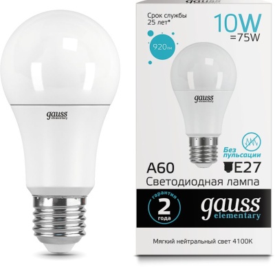 Лампа светодиодная Gauss Elementary A60 10Вт цок.:E27 груша 220B 4100K св.свеч.бел.ней. (упак.:1шт) (23220)
