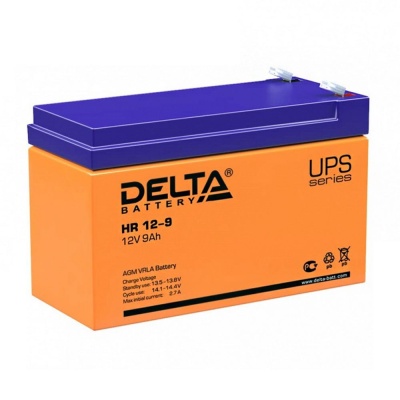Батарея DELTA серия HR, HR 12-9, напряжение 12В, емкость 9Ач (разряд 20 часов),  макс. ток разряда (5 сек.) 135А, макс. ток заряда 2.7А, свинцово-кислотная типа AGM, клеммы F2, ДxШxВ 151х65х94мм., вес 2.78кг., срок службы 8 лет. Delta UPS HR 12-9 (12V / 9