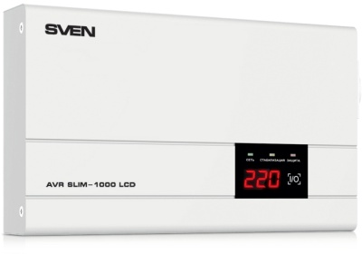 Стабилизатор SVEN AVR SLIM-1000 LCD, релейный, 800вт, 1000Ва, 140-260в, функция «пауза», 1 евророзетка, 2.9 кг. SVEN AVR SLIM-1000 LCD (SV-012816)