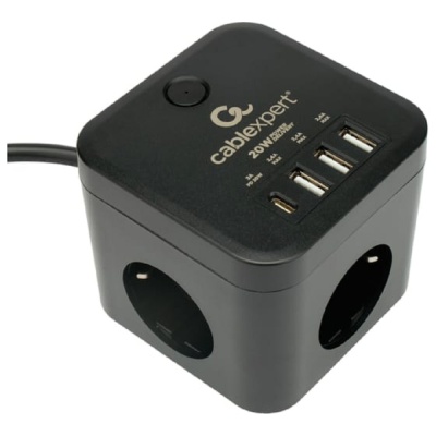 Cablexpert Сетевой фильтр Cube CUBE-3-CU3-B-1.5 (3р, 10А, 1xType-C PD, 3xUSB, 1.5м, ур.защиты 4+) черный, коробка