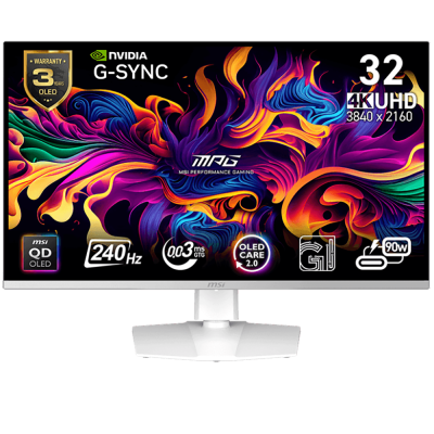 Монитор 31.5" MSI MPG 321URXW QD-OLED White (QD-OLED, 3840x2160, HDMI+HDMI+DP+Type C (90W), USB Hub, 0.03 ms, 178°/178°, 250 cd/m, 1500000:1, 240Hz, Pivot)