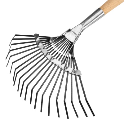 Грабли веерные стальные, 385х1450 мм, 20 плоских зубьев, деревянный черенок, Россия