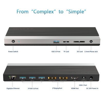 USB-концентратор Docking Station WAVLINK USB-C GEN2 4K Universal /100W PowerDelivery Include 20V/6.5A Power Adapter/ 4xUSB3.0/1xUSB C/2xDP 4K 60HZ/1xHDMI 4K 60HZ/1xGigabit LAN/1xAudio In/Out/1xSD/Micro SD CardReader