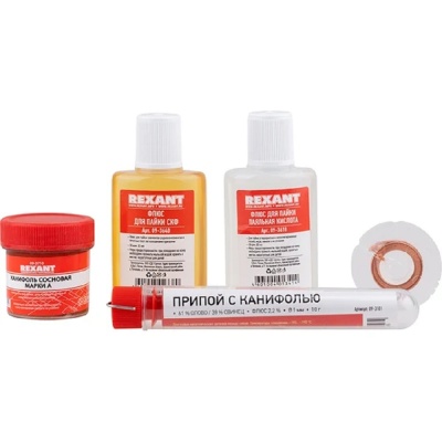 Rexant (09-3740) Набор К1 для пайки, универсальный (припой, флюс ПК, флюс СКФ, канифоль, медная оплетка)