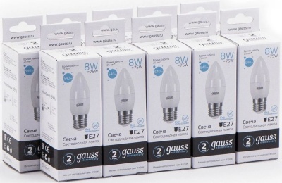 Лампа светодиодная Gauss Elementary 8Вт цок.:E27 свеча 220B 4100K св.свеч.бел.ней. C37 (упак.:10шт) (33228)