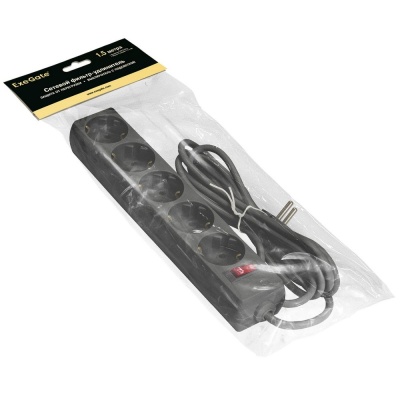 Сетевой фильтр ExeGate SP-5-1.5B й фильтр ExeGate SP-5-1.5B (5 евророзетки с заземлением, 1.5м, защита от перегрузки, выключатель с подсветкой, черный)