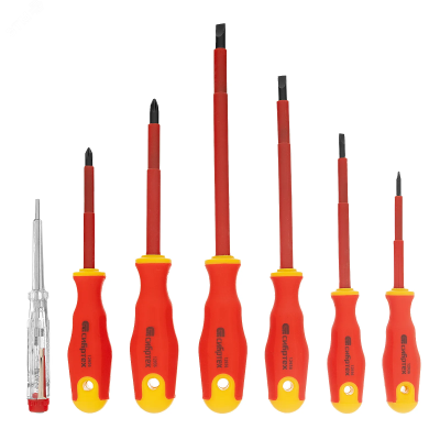 Набор отверток диэлектрических до 1000 В + тестер, 7 шт., PH + SL, CrV, 2к рукоятка