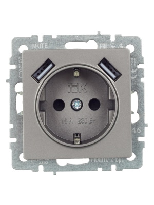 Розетка BRITE Роз. с з/к/ш 16А с USB A+A 3,1А РЮш10-2-БрС сталь IEK