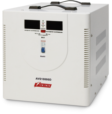Стабилизатор POWERMAN AVS 10000D, ступенчатый регулятор, цифровые индикаторы уровней напряжения, 10000ВА, 140-260В, максимальный входной ток 50А, клеммная колодка, IP-20, напольный,  410мм х 280мм х 310мм, 15.5 кг. POWERMAN AVS 10000D