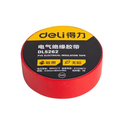 Изолента Deli DL5262 красная, 0,13мм х 18мм х 9,15м, напряжение до 600В, температурный диапазон 0-80 грд., ПВХ