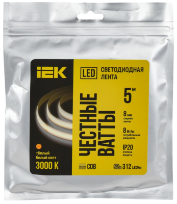Лента LED 5м COB-312LED 8Вт/м IP20 8мм 24В 3000К IEK