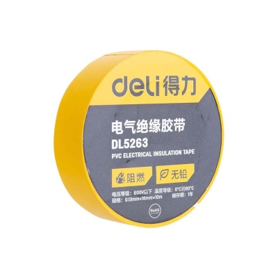 Изолента Deli DL5263 желтая, 0,13мм х 18мм х 9,15м, напряжение до 600В, температурный диапазон 0-80 грд., ПВХ