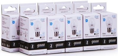 Лампа светодиодная Gauss Elementary 6Вт цок.:E27 шар 220B 4100K св.свеч.бел.нейт. (упак.:10шт) (53226)