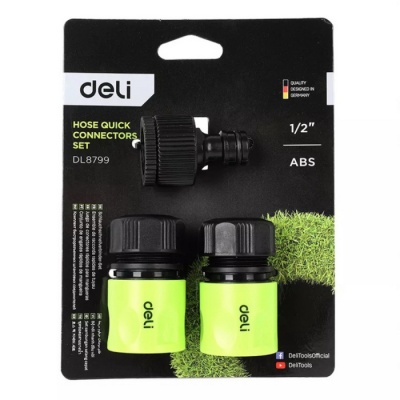Набор соединителей для поливочных шлангов 3 шт 1/2" Deli DL8799 1/2" быстросъемный коннектор с аквастопом, 1/2" быстросъемный коннектор, штуцер 1/2"-3/4", ударопрочный пластик