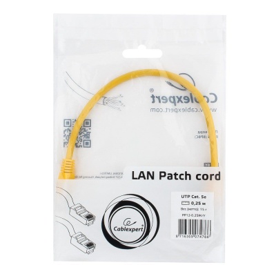 Патч-корд UTP Gembird/Cablexpert PP12-0.25M/Y кат.5e, 0.25м, литой, многожильный, жёлтый (PP12-0.25M/Y)