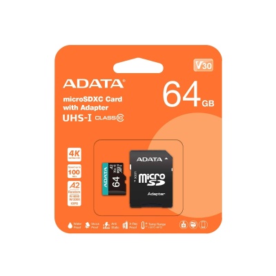 Флеш карта microSD 64GB A-DATA microSDXC Class 10 UHS-I U3 V30S A2 100/75 MB/s (SD адаптер)
