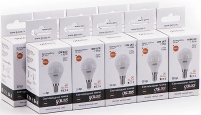 Лампа светодиодная Gauss Elementary 10Вт цок.:E14 шар 220B 3000K св.свеч.бел.теп. (упак.:10шт) (53110)