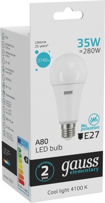 Лампа светодиодная Gauss Elementary A67 35Вт цок.:E27 груша 220B св.свеч.бел.нейт. А67 (упак.:10шт) (70225)