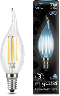 Лампа филам. Gauss Filament 7Вт цок.:E14 свеча 220B 4100K св.свеч.бел.нейт. CF35 (упак.:1шт) (104801207)