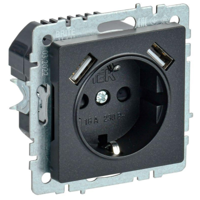 Розетка BRITE РЮш10-2-БрЧ 16А с USB A+A 3.1А с заземл. защ. шторки черн. IEK BR-R14-16-U21-D31-K02