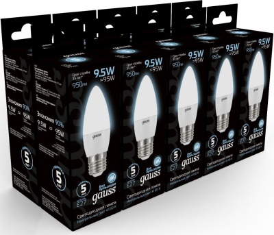 Лампа светодиодная Gauss 9.5Вт цок.:E27 свеча 220B 4100K св.свеч.бел.ней. (упак.:10шт) (103102210)