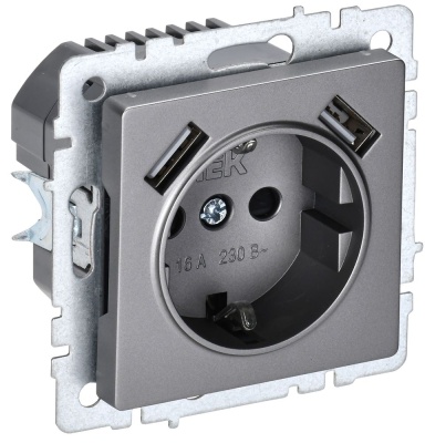 Розетка BRITE Роз. с з/к/ш 16А с USB A+A 3,1А РЮш10-2-БрС сталь IEK