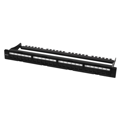 Коммутационная панель SNR, 19" для модулей KeyStone, незагруженная, неэкранированная, 1U, 24 порта, cat.5e, разборная, порты со шторками