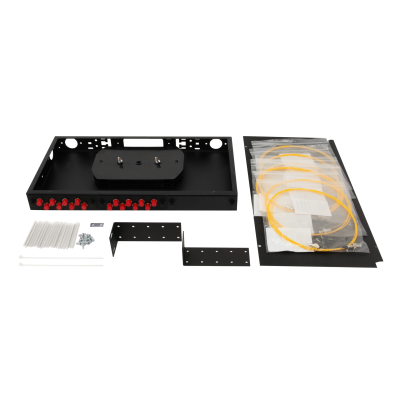 Кросс оптический 19" (ШКОС) укомплектованный на 16 FC портов, черный (комплект с розетками и пигтейлами)