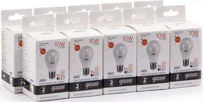 Лампа светодиодная Gauss Elementary 10Вт цок.:E27 груша 220B 3000K св.свеч.бел.теп. A60 (упак.:10шт) (23210)