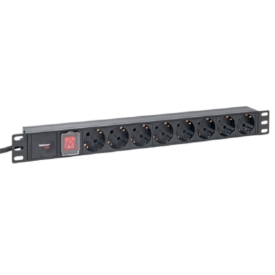 EKF TRP-HPD-LS-16A-8SH-2MSH Блок розеток PDU TERACOM PRO 19" 1U 16А/250В 8 розеток Schuko с выключателем шнур питания длиной 2 метра сечение 3x1,5 мм2 вилка Schuko корпус алюминий черный