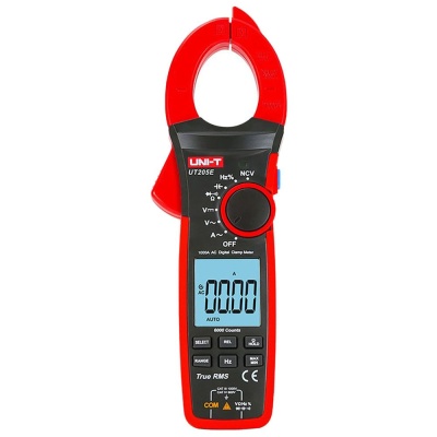 Токоизмерительные клещи UT205E Напряжение постоянного/переменного тока (1000 В); переменный ток (1000А); Сопротивление (60 МОм); Емкость (60 мФ); Частота (1 МГц)