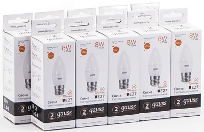 Лампа светодиодная Gauss Elementary 8Вт цок.:E27 свеча 220B 3000K св.свеч.бел.теп. C37 (упак.:10шт) (33218)
