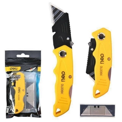 Строительный складной нож с Т-образным лезвием Deli DL006K в комплекте 4 лезвия, сталь SK5, пластиковая рукоятка