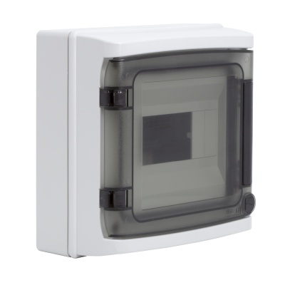 Щиток настенный с дверцей 8 мод.,IP65, серый, с клеммным блоком 63А