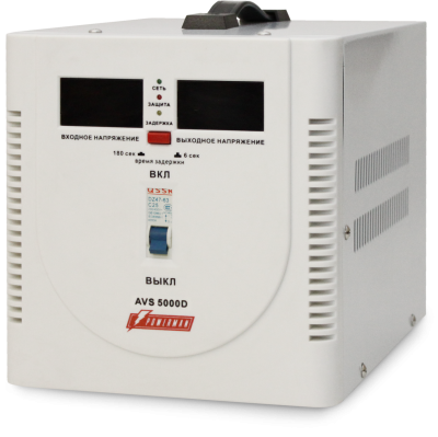 Стабилизатор POWERMAN AVS 5000D, ступенчатый регулятор, цифровые индикаторы уровней напряжения, 5000ВА, 140-260В, максимальный входной ток 24А, клеммная колодка, IP-20, напольный,  280мм х 200мм х 225мм, 8.6 кг. POWERMAN AVS 5000D