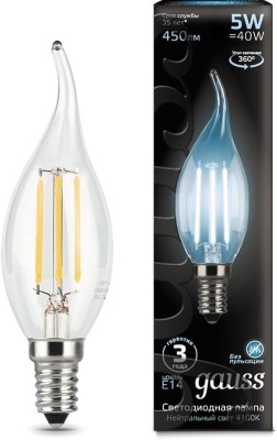 Лампа филам. Gauss Filament 5Вт цок.:E14 свеча 220B 4100K св.свеч.бел.нейт. (упак.:10шт) (104801205)