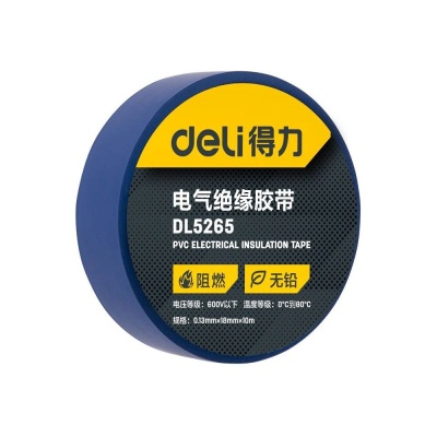 Изолента Deli DL5265 синяя, 0,13мм х 18мм х 9,15м, напряжение до 600В, температурный диапазон 0-80 грд., ПВХ