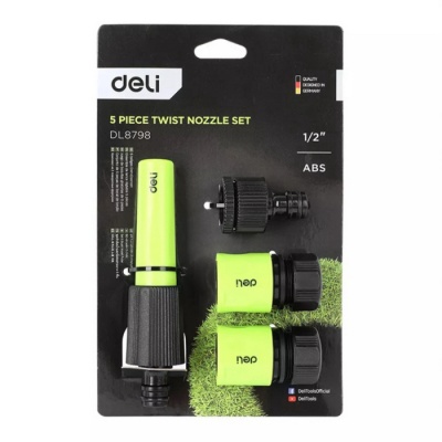 Набор соединителей для поливочных шлангов 5 шт 1/2" Deli DL8798 1/2" быстросъемный коннектор с аквастопом, 1/2" быстросъемный коннектор, штуцер 1/2"-3/4", регулируемая головка 110 мм для изменения формы струи, ударопрочный пластик