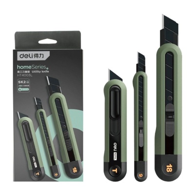 Нож Deli Набор технических ножей "Home Series Green" Deli HT4003L (ножи 9мм+18мм+Т-образный), эксклюзивный дизайн, корпус из высококачественного софттач пластика