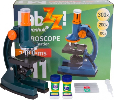 Микроскоп Levenhuk LabZZ M1 монокуляр 100-300 на 3 объектива зеленый/оранжевый
