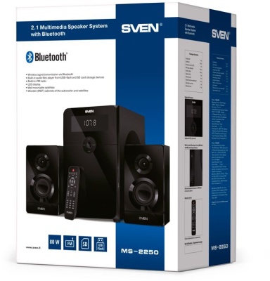 SVEN MS-2250, черный, акустическая система 2.1, мощность (RMS): 50Вт + 2х15Вт, SD/USB, FM-радио, LED-дисплей, пульт ДУ, Bluetooth SVEN MS-2250 (SV-016722)
