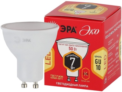 Лампа светодиодная Эра ECO LED MR16-7W-827-GU10 7Вт цок.:GU10 спот 220B 2700K св.свеч.бел.теп. MR16 (упак.:5шт) (Б0040874)