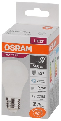 Лампа светодиодная LED 7 Вт E27 6500К 560Лм груша 220 В (замена 60Вт) OSRAM